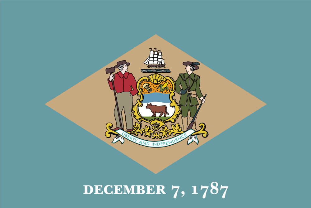 a field of colonial blue charged with a buff diamond; within the diamond is the state coat of arms featuring a farmer and rifleman