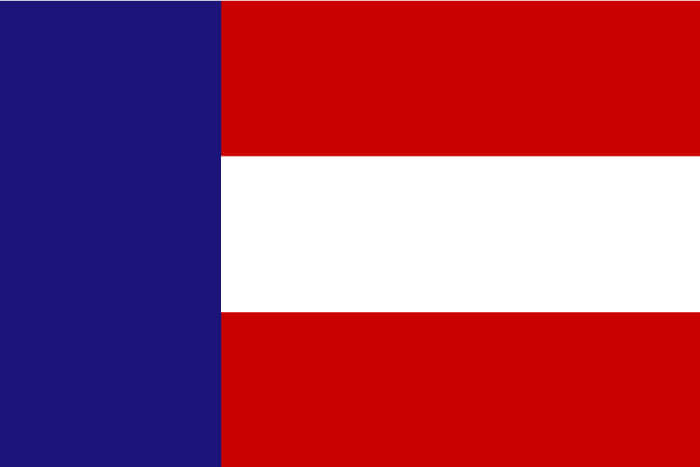 a horizontal triband of red and white and a hoist-side vertical stripe of blue
