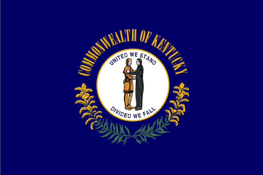 a field of blue charged with the seal of the commonwealth featuring two men shaking hands