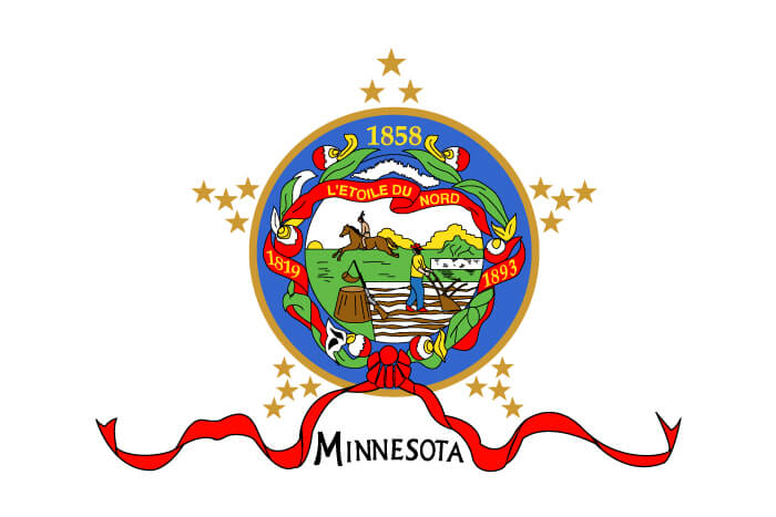 field of white charged with the state seal; “Minnesota” is below, flanked by red ribbon