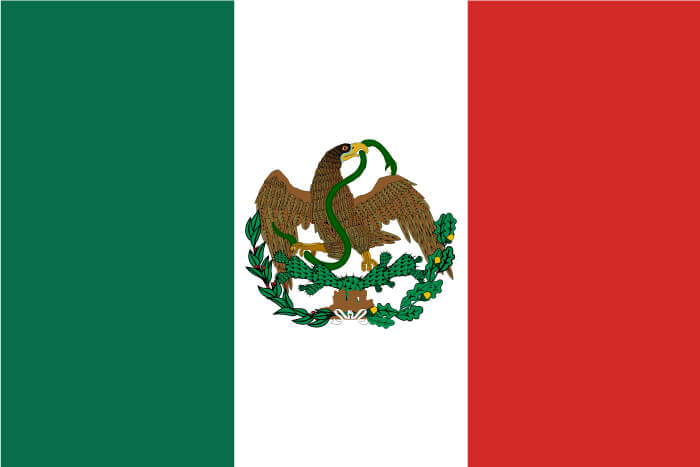 a vertical tricolor of green, white, and red; the white stripe is charged with an eagle with a snake in its beak and cactus at its feet